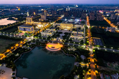 河南周口晚霞夜景航拍图