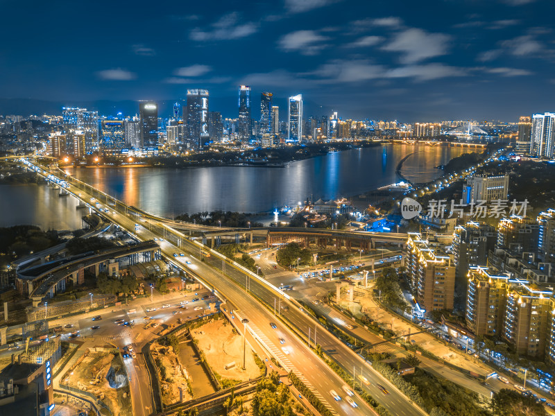 航拍福州闽江两岸夜景