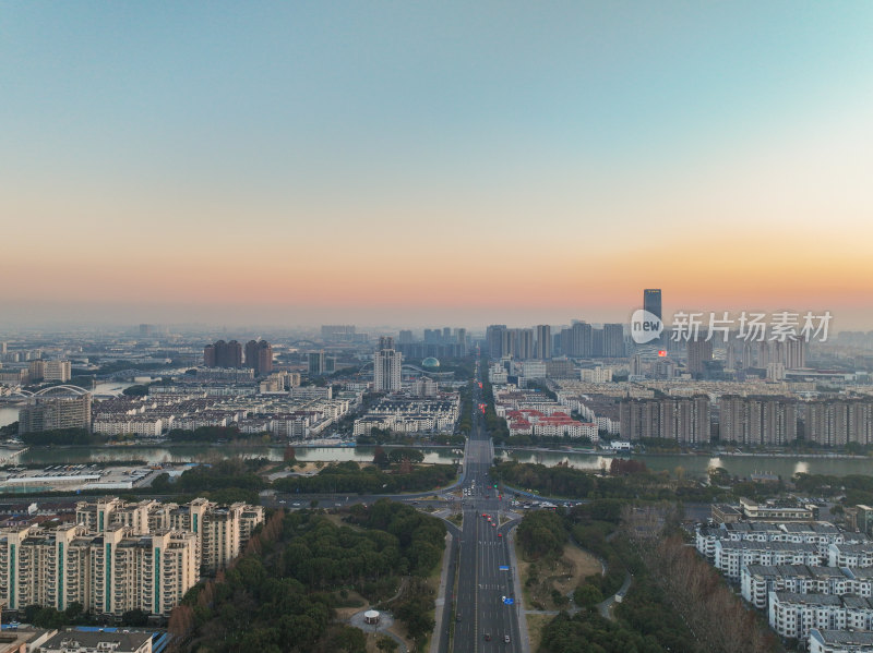 航拍昆山冬日城市日落风光大景