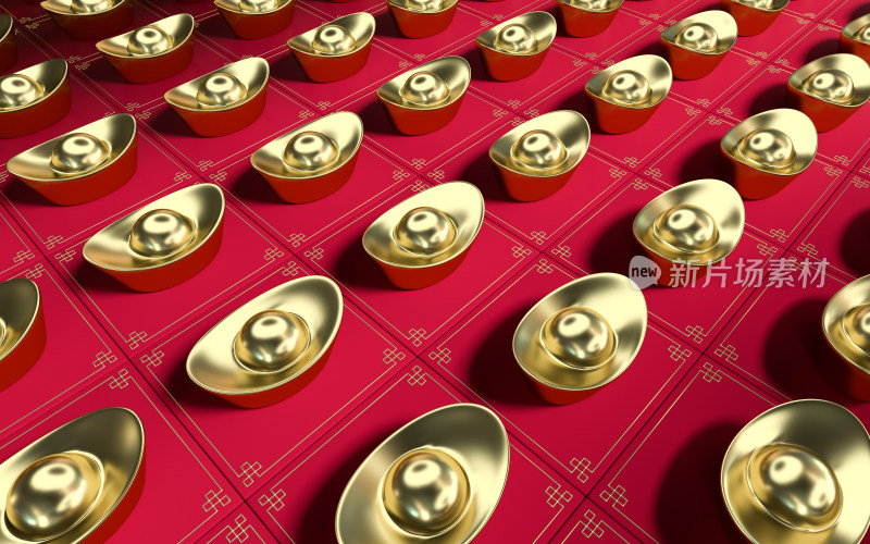 排列的金元宝与红色台面 3D渲染