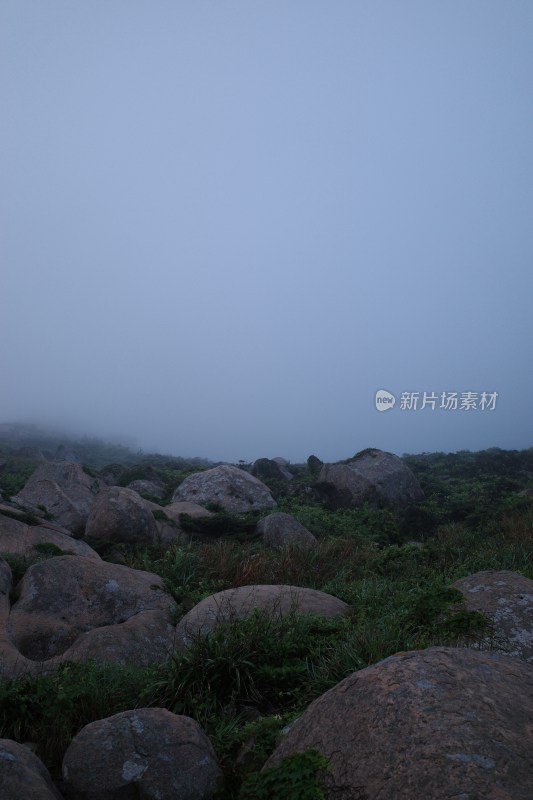 雾气弥漫的山间布满巨石与植被