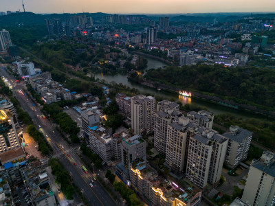 自贡晚霞夜幕降临航拍图