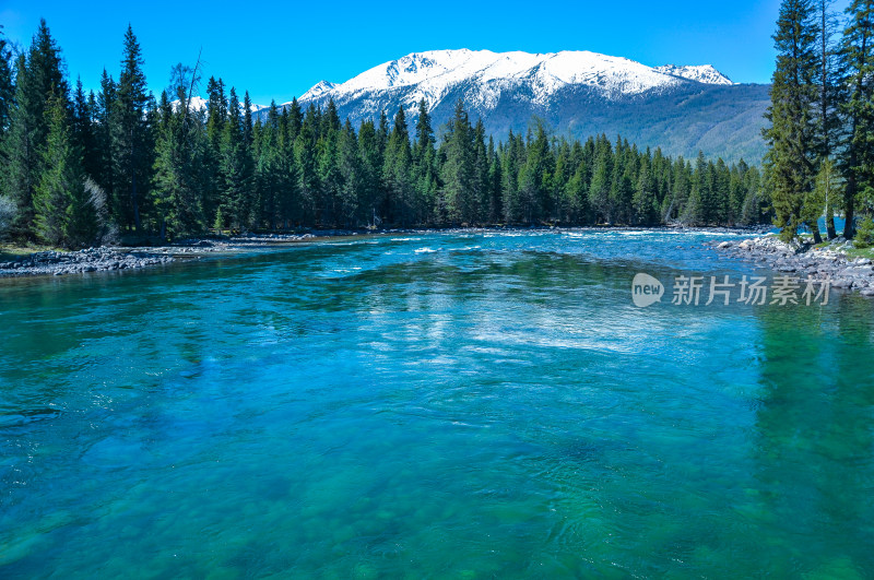 新疆阿勒泰喀纳斯河流森林雪山自然风光