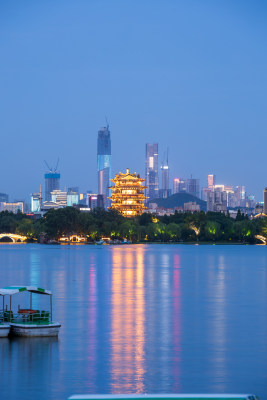 山东济南大明湖超然楼CBD夜景晚霞