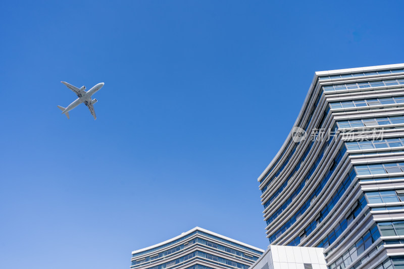 飞机在蓝天下飞越高楼建筑物的低角度视图