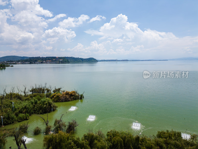 航拍昆明滇池捞鱼河湿地公园景观