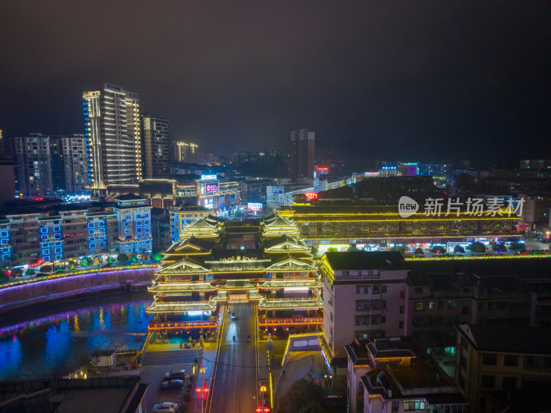 湖南怀化通道廊桥侗族风雨桥夜景航拍