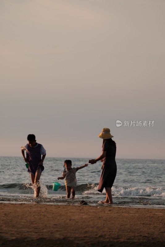 海边家庭亲子嬉戏场景