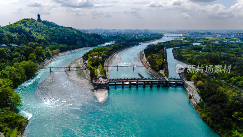 都江堰河流桥梁航拍全景