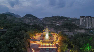 甘肃兰州白塔山公园兰州白塔寺夜景航拍