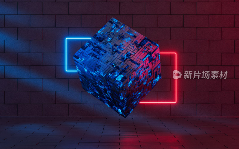 方块材料与霓虹背景3D渲染
