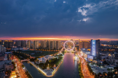 海河天津之眼旅游景区城市日落晚霞夜景航拍