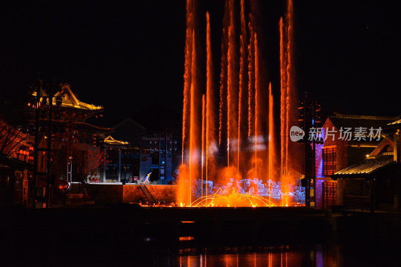 济南明水古城古建筑夜景无人机灯光秀泉秀