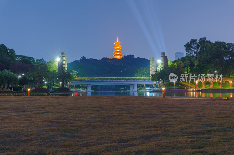 佛山千灯湖公园与魁星阁建筑夜景灯光