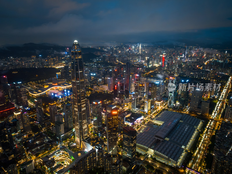 深圳福田CBD大湾区平安大厦夜景蓝调航拍