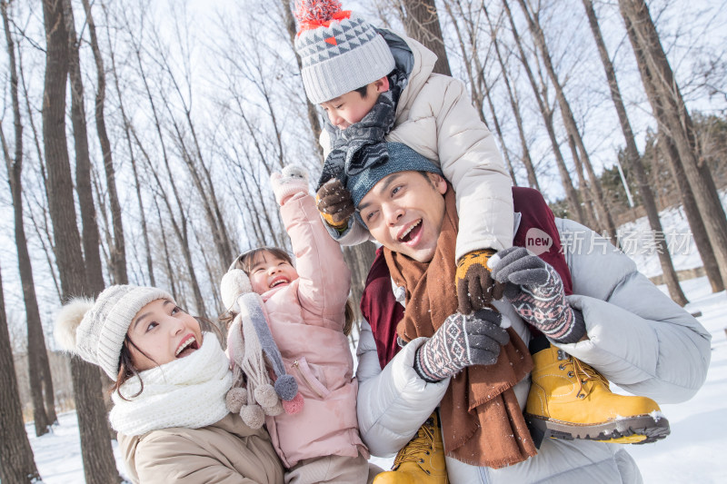 雪地里玩耍的快乐家庭