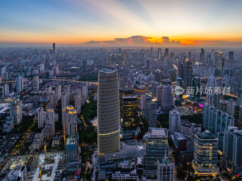 航拍上海浦西CBD高楼群夜景亮化