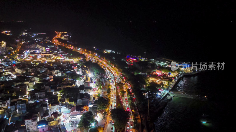 福建厦门城市环岛大道双子塔夜景航拍