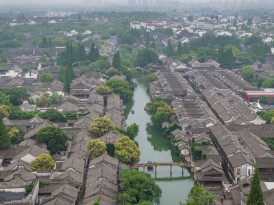 航拍江南水乡古镇乌镇全景