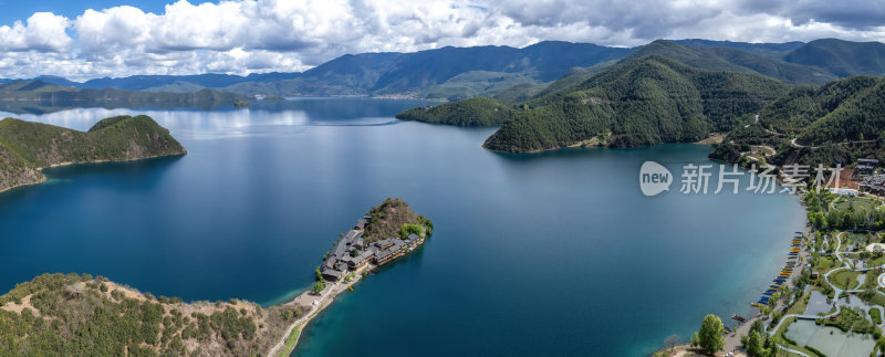 云南丽江泸沽湖摩梭族美景高空航拍