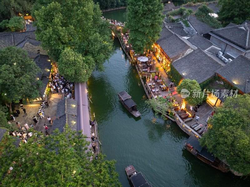 浙江嘉兴桐乡乌镇西栅景区江南水乡航拍夜景