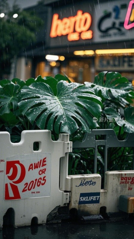 雨中街道绿植与店铺招牌