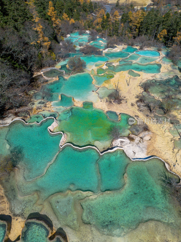 四川黄龙景区航拍五彩池争艳池钙化池