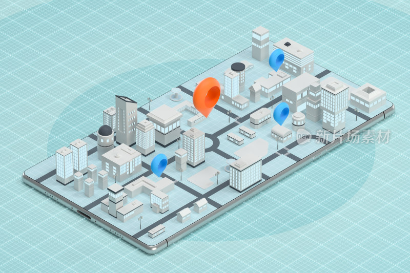 手机上的3D城市与定位标记 3D渲染