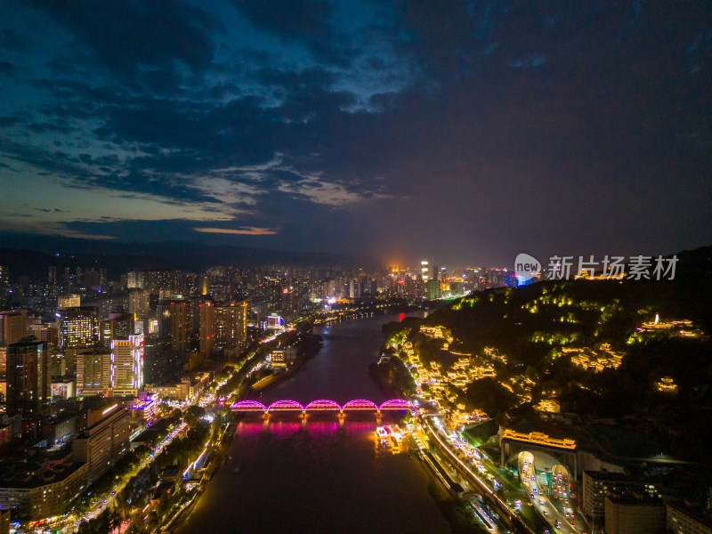 兰州夜景黄河两岸航拍图