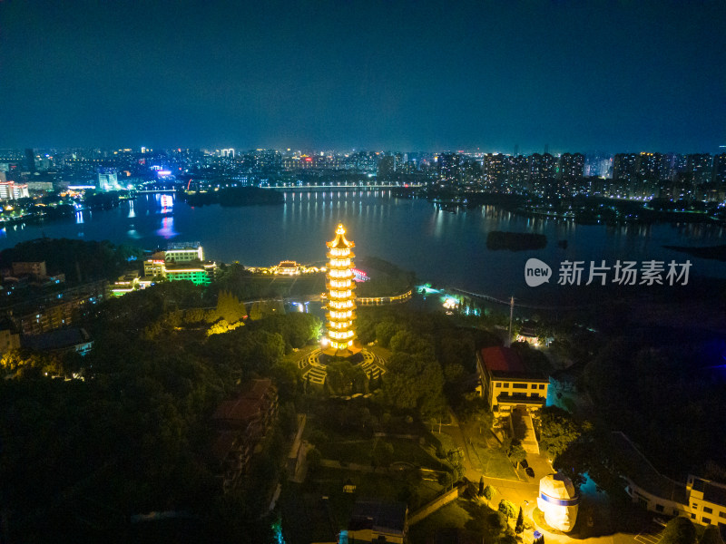 湖北鄂州莲花山元明塔夜景航拍图