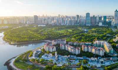 海南海口万绿园朝霞城市日出高视角航拍