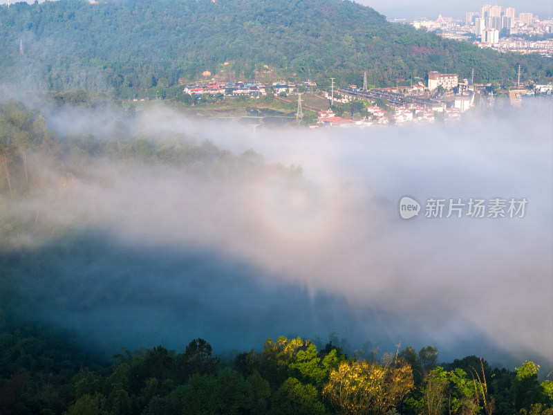 云南德宏州芒市清晨山间晨雾中的日晕