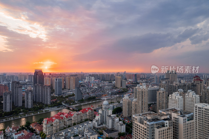 天津海河风景奥式风情区城市日落风光航拍