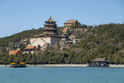 北京颐和园昆明湖畔春色 万寿山佛香阁