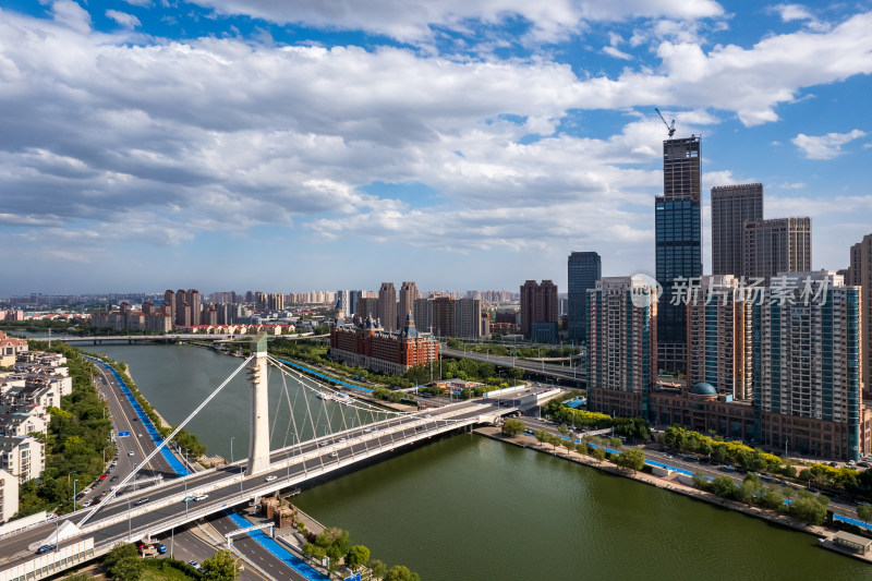 晴天天津海河富民桥桥城市建筑风光航拍