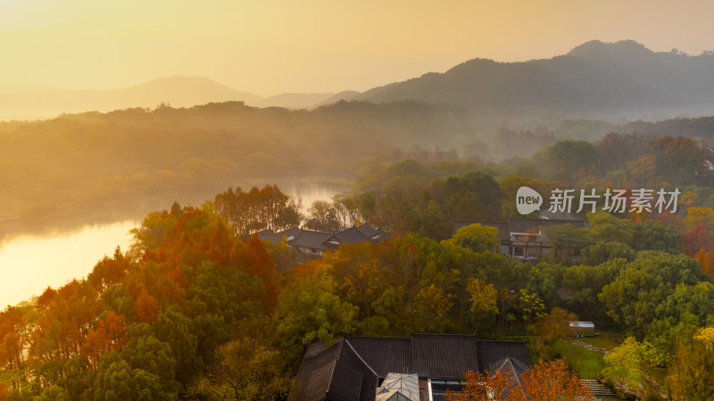 杭州西湖秋色茅家埠景区秋色风光航拍