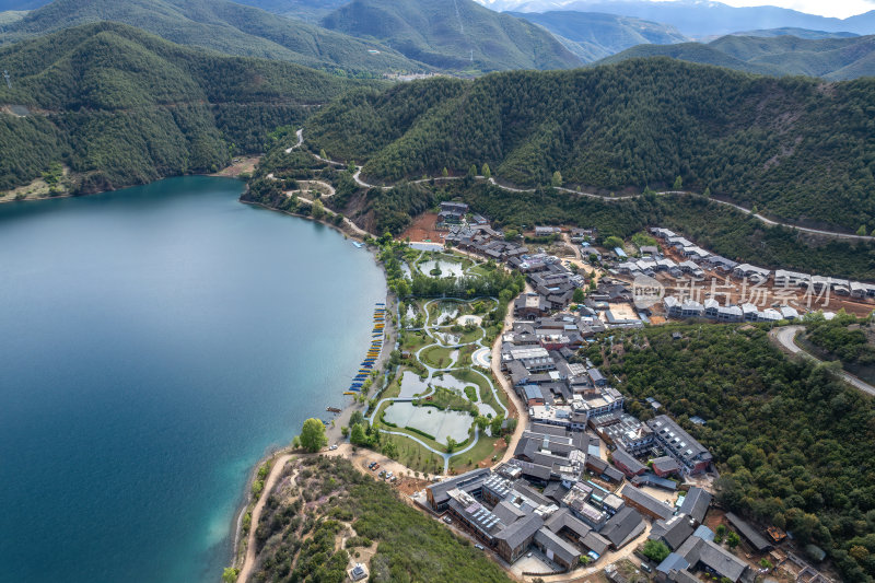 云南丽江泸沽湖摩梭族美景高空航拍