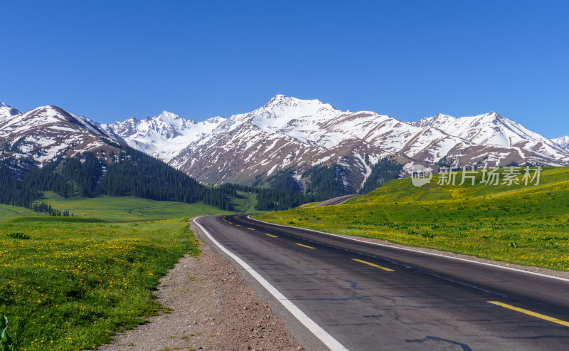 新疆伊犁那拉提草原公路雪山