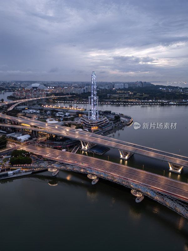 新加坡滨海湾金沙海滨奥林匹克蓝调夜景航拍