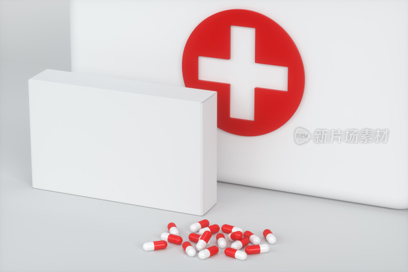 白色医药箱与空白药盒 三维渲染