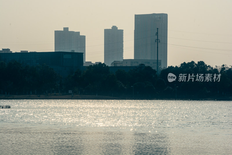 湖畔城市高楼远景