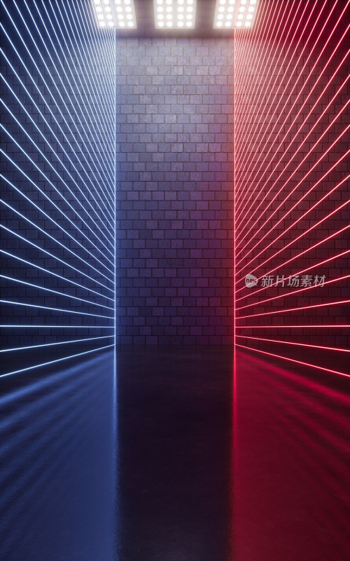 砖砌空房间与霓虹线条3D渲染