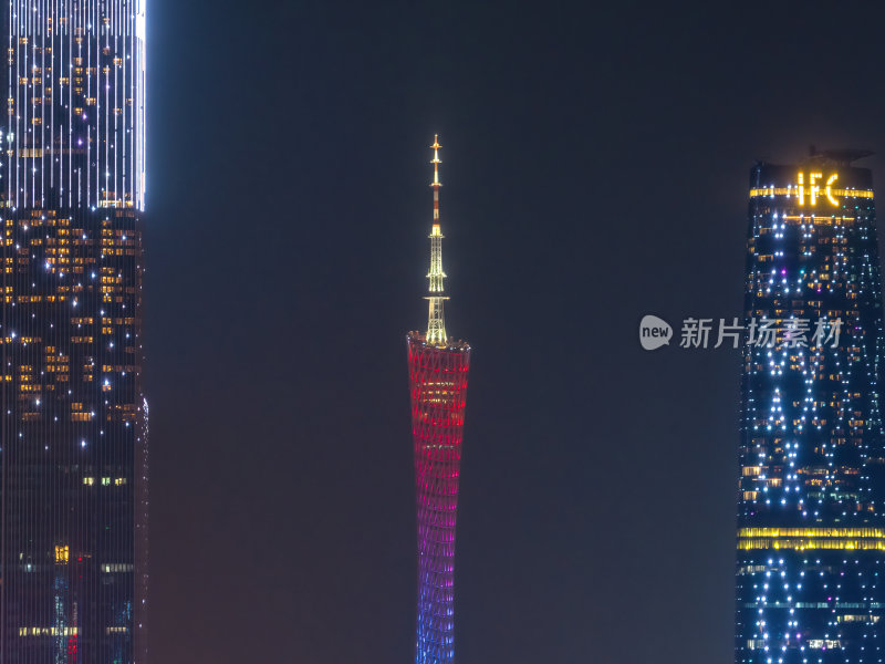 广东广州塔CBD三件套夜景高空航拍