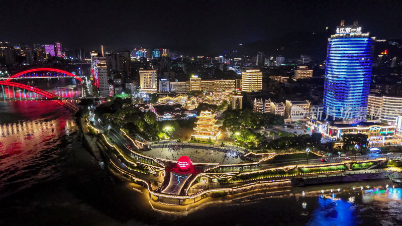 四川宜宾三江交汇处合江楼夜景灯光航拍图