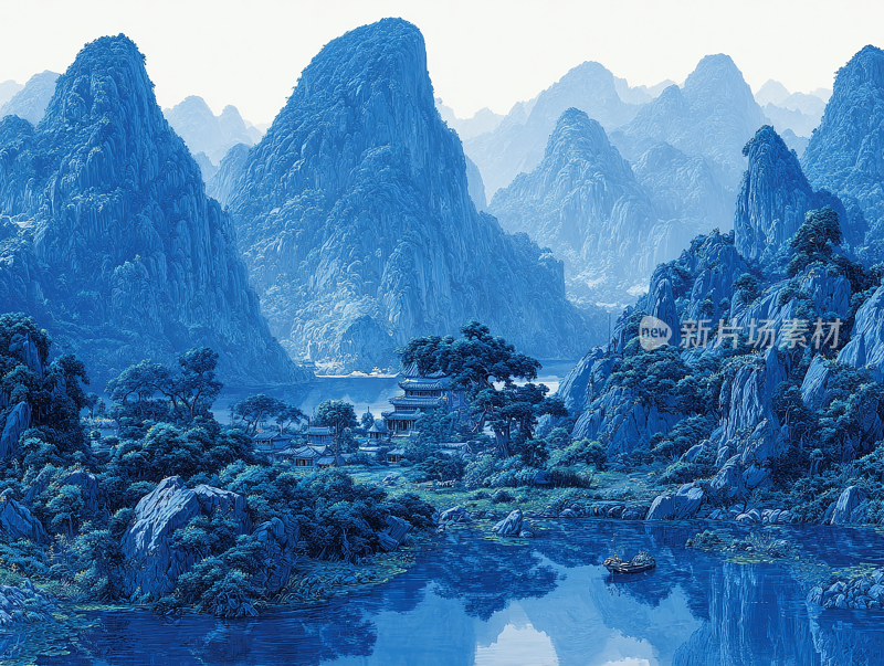 中式山水风景插画