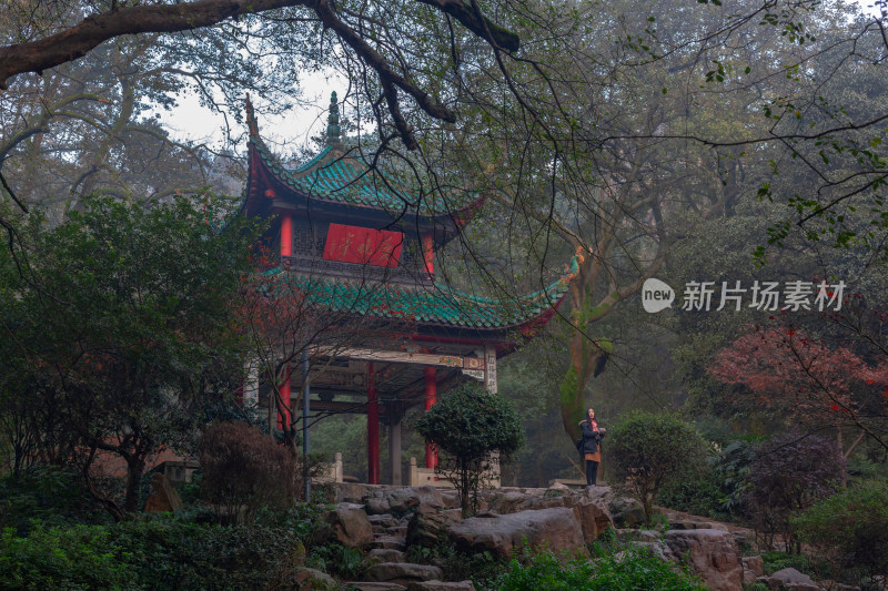 初冬晨雾中的长沙爱晚亭