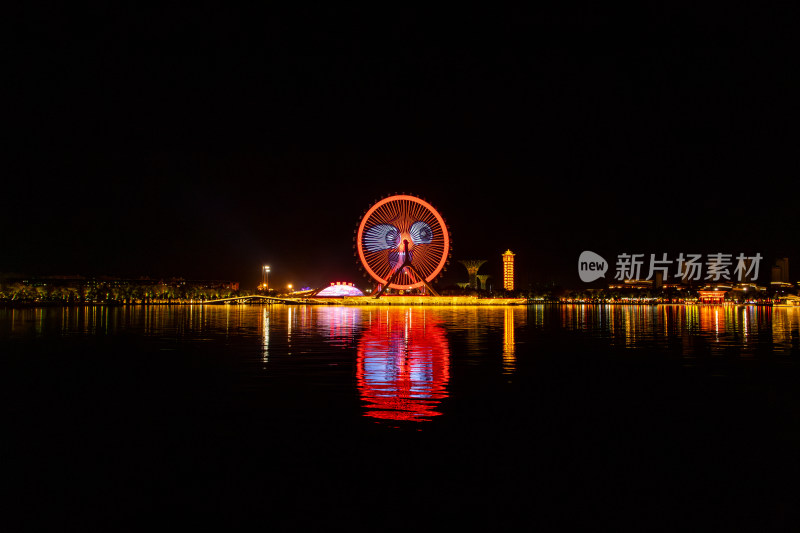 唐山惠丰湖唐山之光摩天轮夜景与湖光倒影