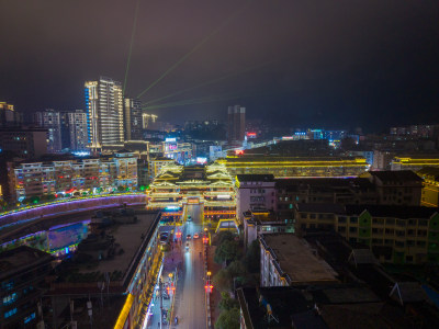 湖南怀化通道廊桥侗族风雨桥夜景航拍