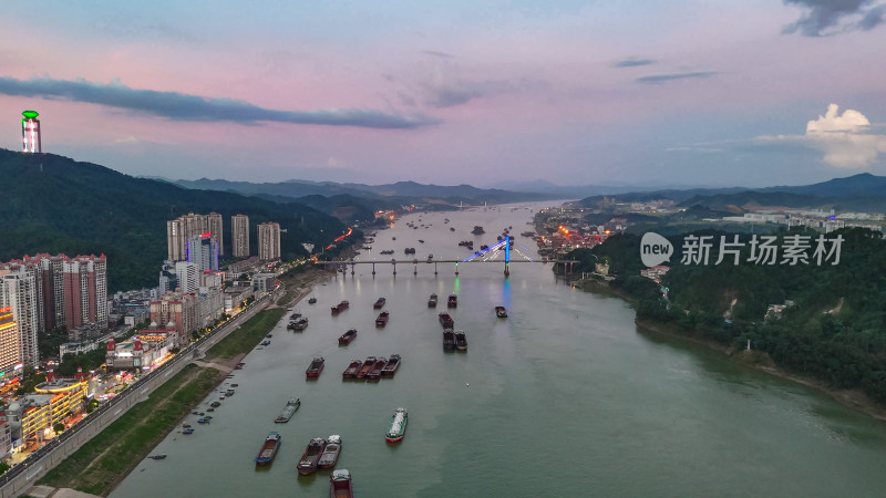 梧州西江晚霞夜景航拍图