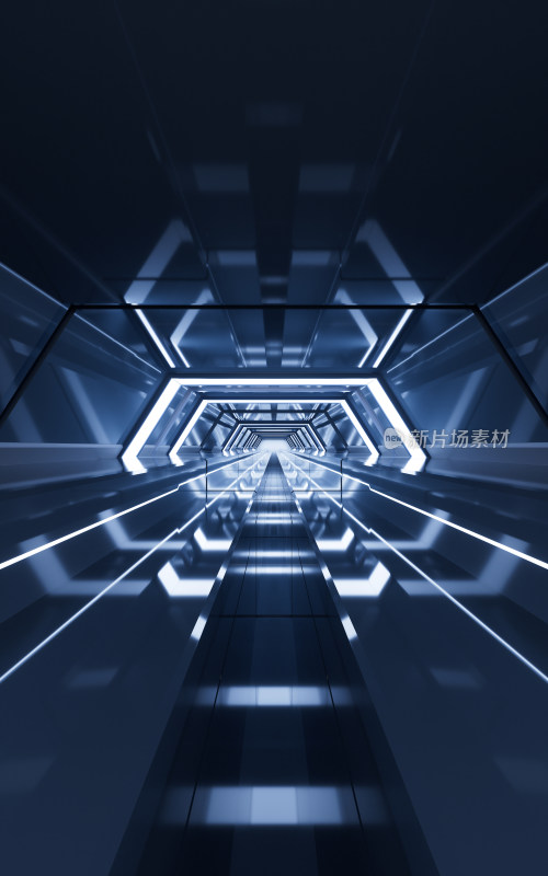 蓝色未来感隧道3D渲染